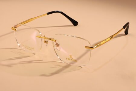 gold rimless frame glasses